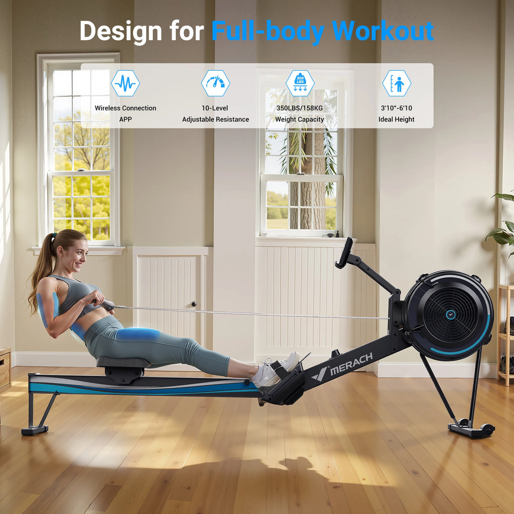 MERACH Rowing Machines R11 Home Adjustable Air Resistance Professional Rowing Machine Ergonomic Comfort Seat Performance Monitor