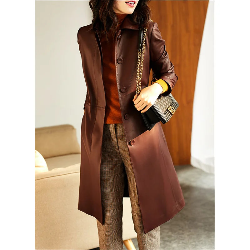 Women's Large Size Leather Coat Lace up Genuine Sheepskin Long Trench Jacket Top for Spring And Autumn