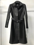Women's Large Size Leather Coat Lace up Genuine Sheepskin Long Trench Jacket Top for Spring And Autumn