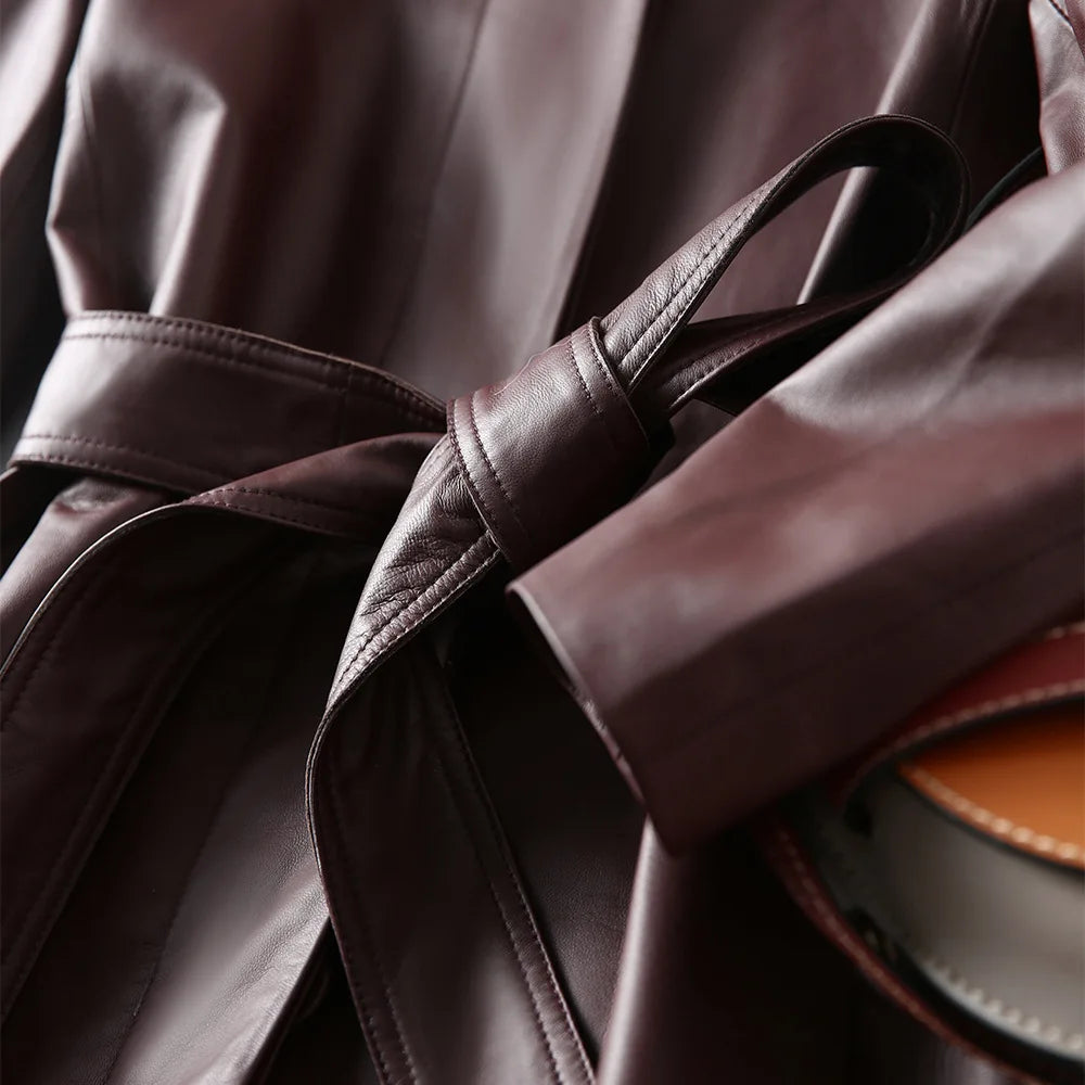 Women's Large Size Leather Coat Lace up Genuine Sheepskin Long Trench Jacket Top for Spring And Autumn