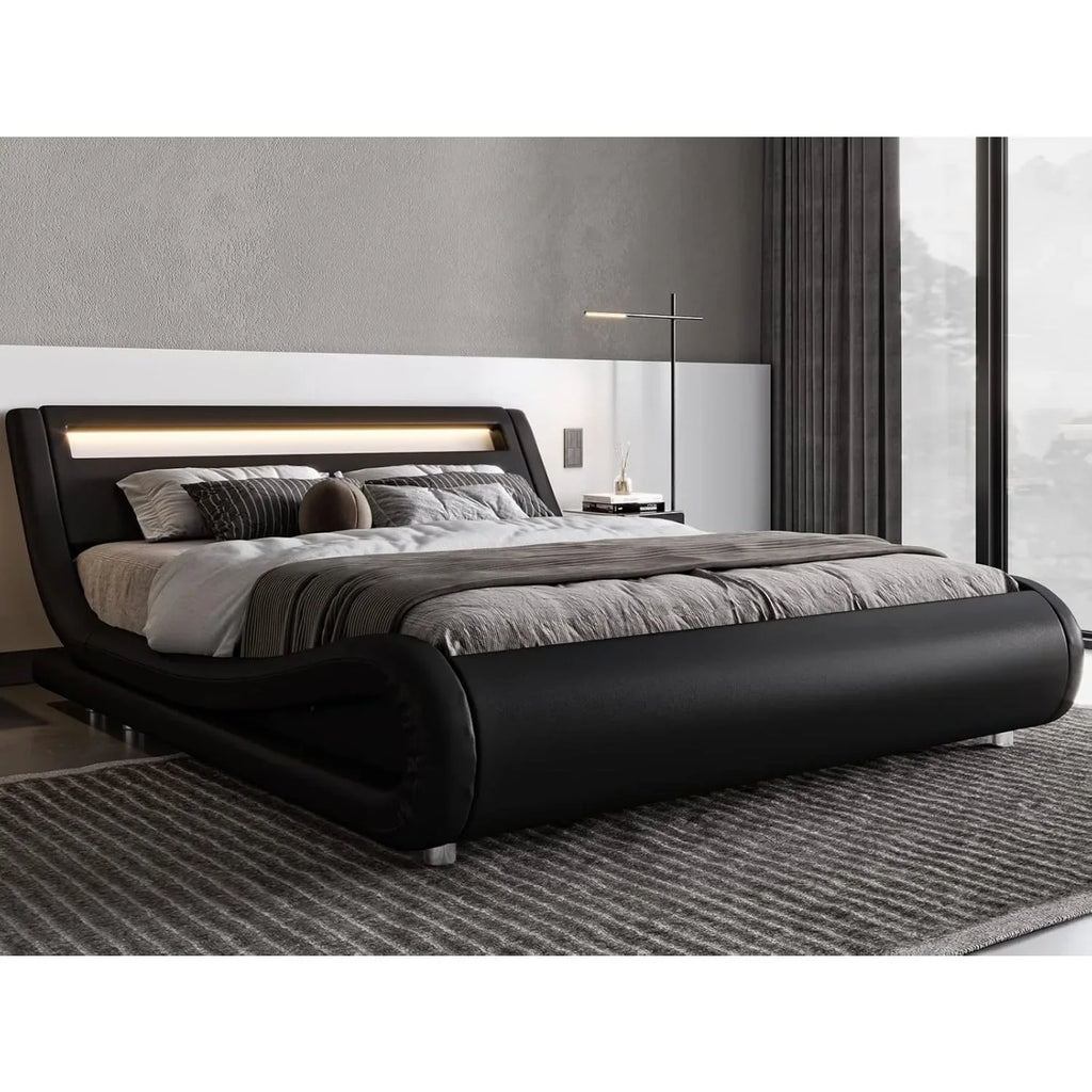 Large LED platform bed frame with adjustable headboard/no need for springs/easy to assemble/black synthetic leather