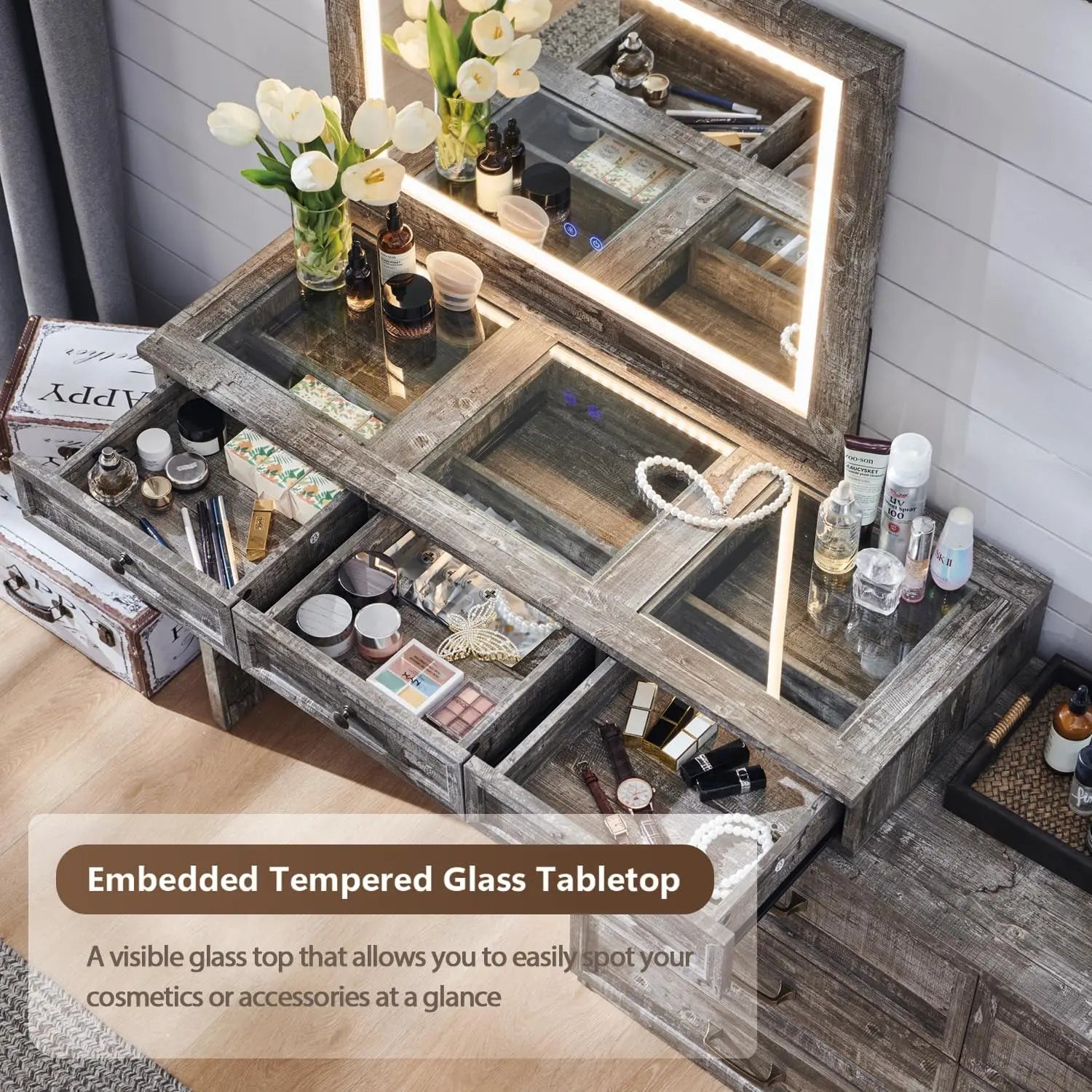 69" W rustic wood bedroom dresser with glass top, 9 large storage drawers, 3 color usable lights and 30 "HD Led mirror