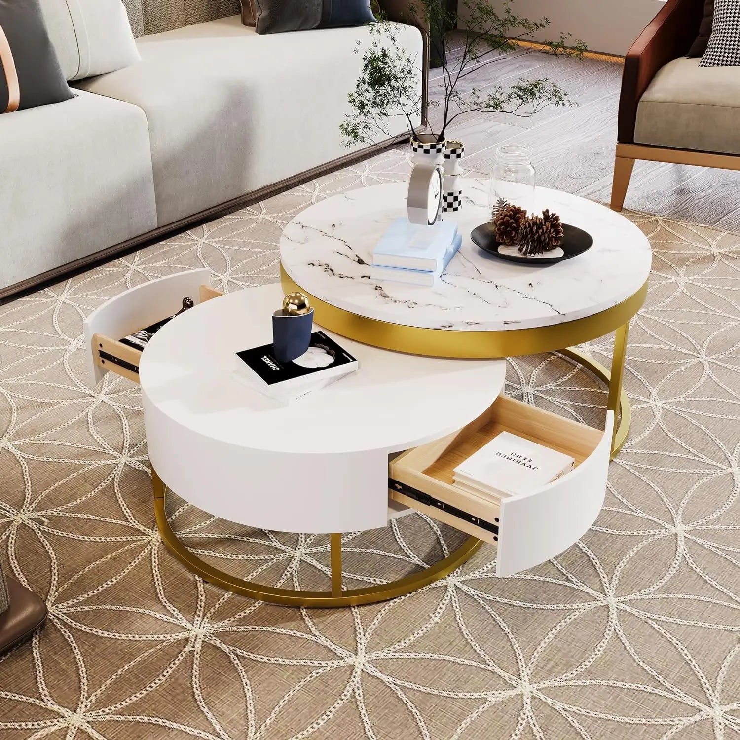 Modern Round Nesting Coffee Table with Drawers for Living Room in White