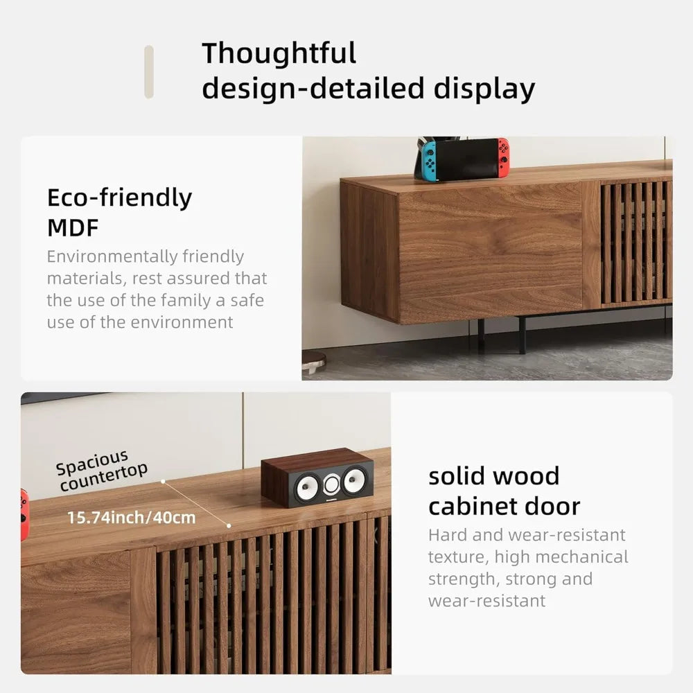 "Modern Walnut TV Console - Extendable for 75"+ Screens, Grille Doors & Drawers for Living Room/Bedroom"