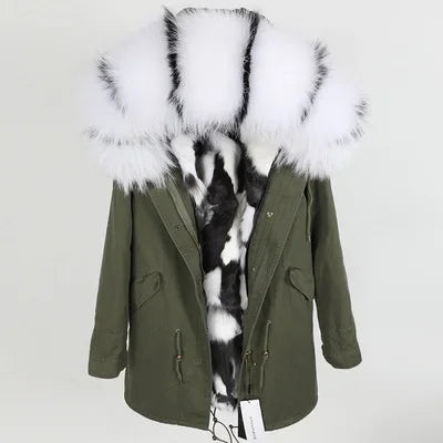 Maomaokong Winter Women's Fur Jacket Long Outdoor Tops Real Fox Fur Collar Inner Fur Lining Parka Natural Silver Fox Women Coat