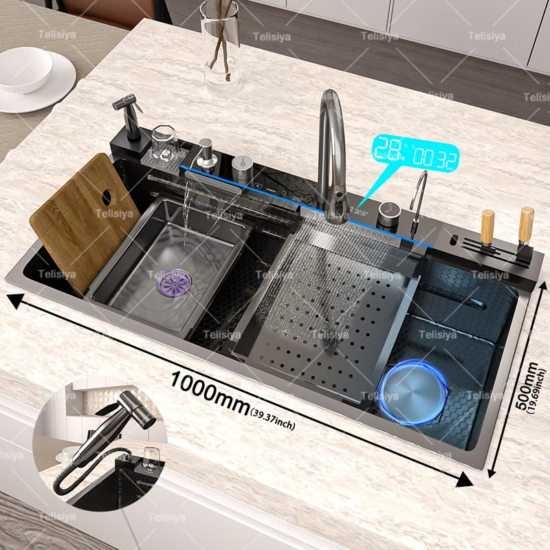 Stainless Steel Kitchen Sink With Waterfall Single Bowl Digital Display Extra Large Slot Multifunctional Washing Sinks