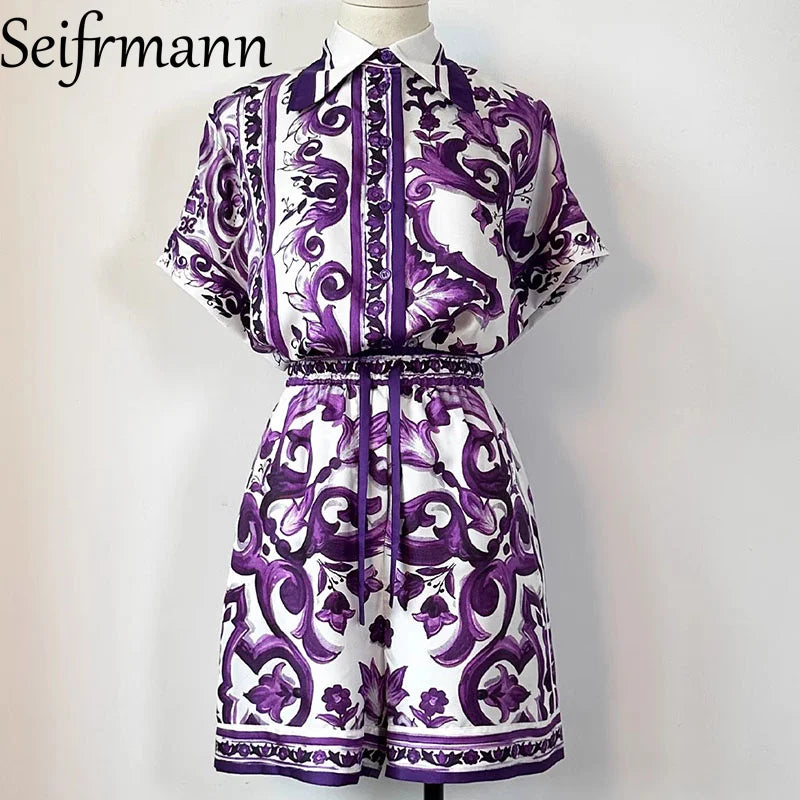 Seifrmann Women's Elegant Party Suit Sexy Spaghetti Strap Backless Slim Tops+Casual Pleated Skirt Print Cotton Two-piece set