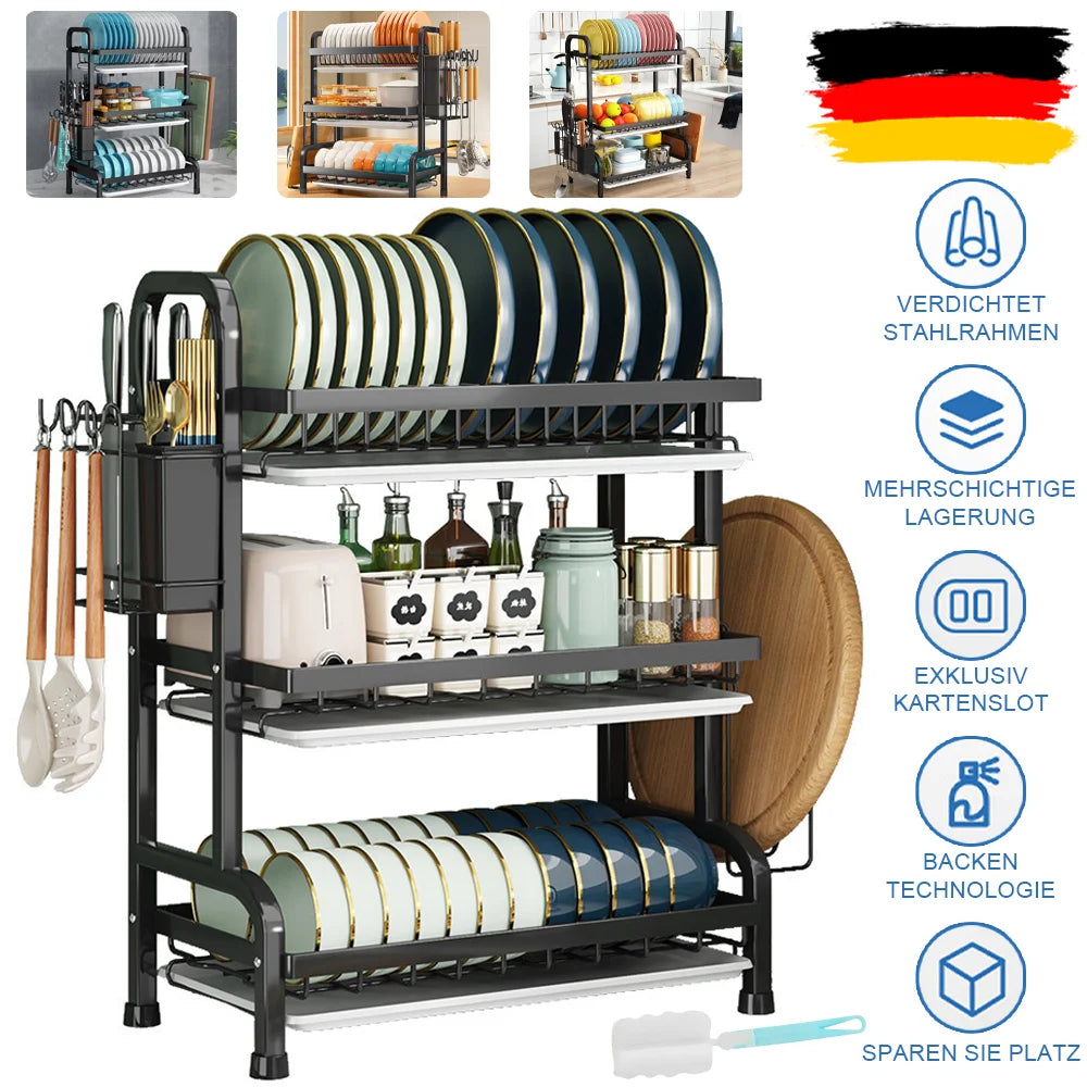 Dish Bowl Drainer Storage Rack with Utensil Holder Dish Drainer Metal Large Capacity Drainage Tube Kitchen Dish Rack Organizer