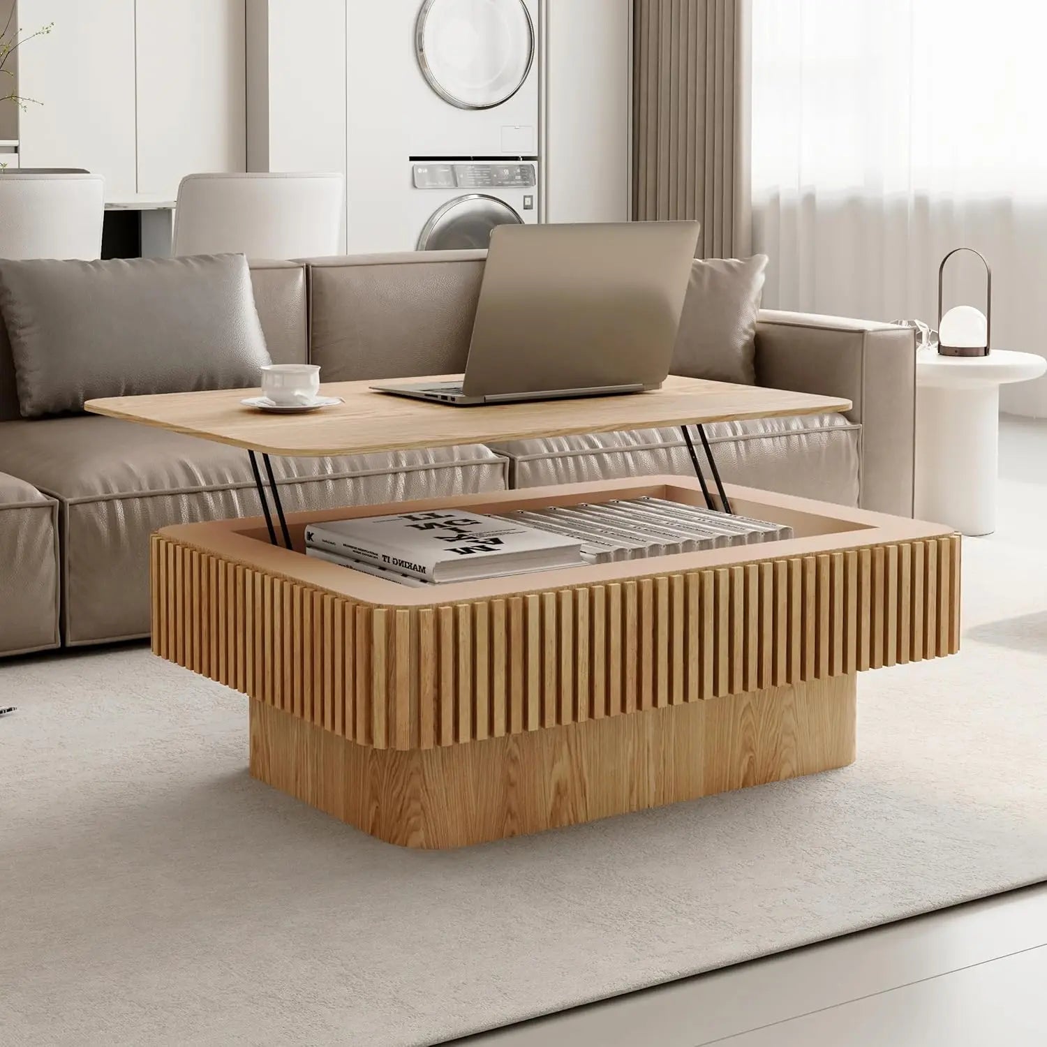 38.6" Square Lift Top Coffee Table, Modern Fluted Tea Table with Hidden Storage for Living Room, Apartment or Office