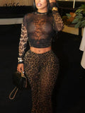 Nibber Sexy 2 Piece Set Women See Through Midnight Party Full Sleeve Crop Tops+Pants Matching Clubwear Skinny Autumn Outfits