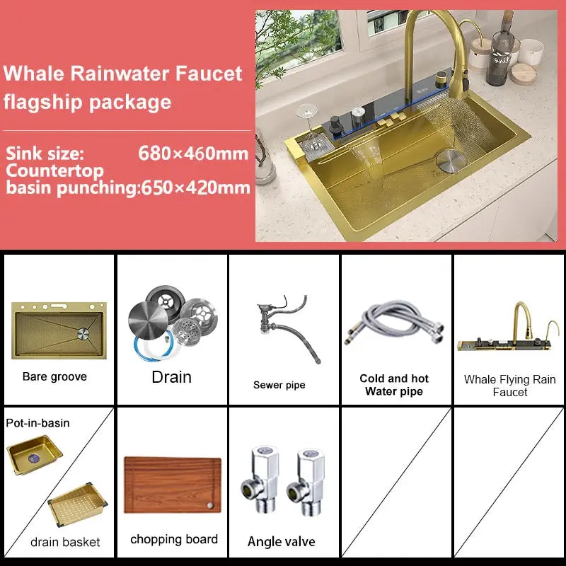 Golden Waterfall Kitchen Sink Stainless Steel Sink Embossed Digital Display Single Slot Apartment Gold Wash Basin