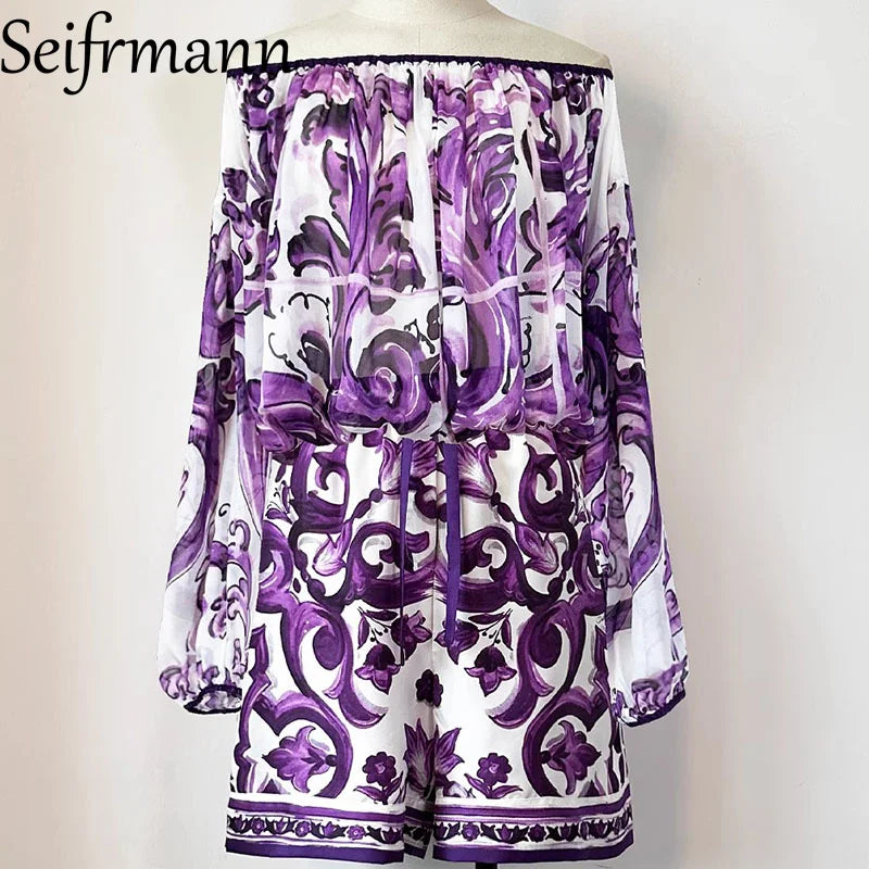 Seifrmann Women's Elegant Party Suit Sexy Spaghetti Strap Backless Slim Tops+Casual Pleated Skirt Print Cotton Two-piece set