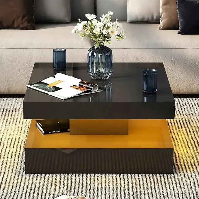 LED Coffee Table with 2 Storage Drawers for Living Room Square Center Middle Table Modern Cocktail Table with Light