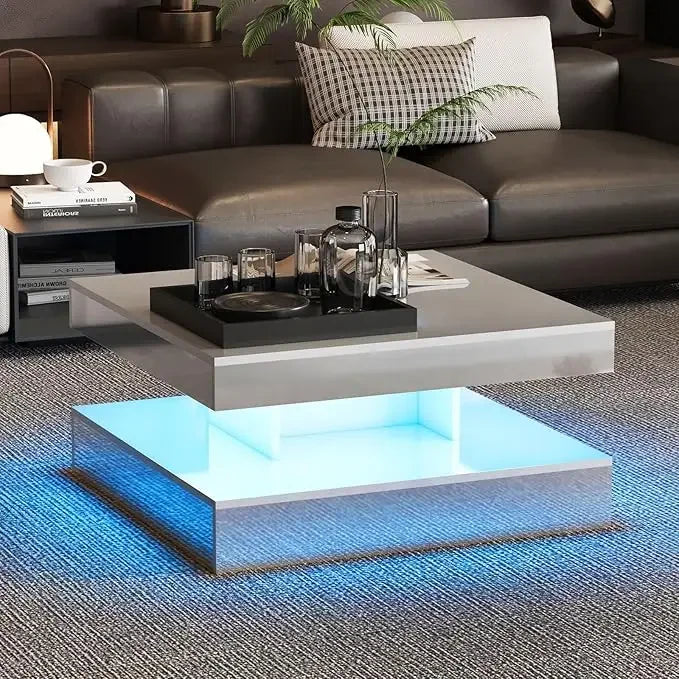LED Coffee Table with 2 Storage Drawers for Living Room Square Center Middle Table Modern Cocktail Table with Light