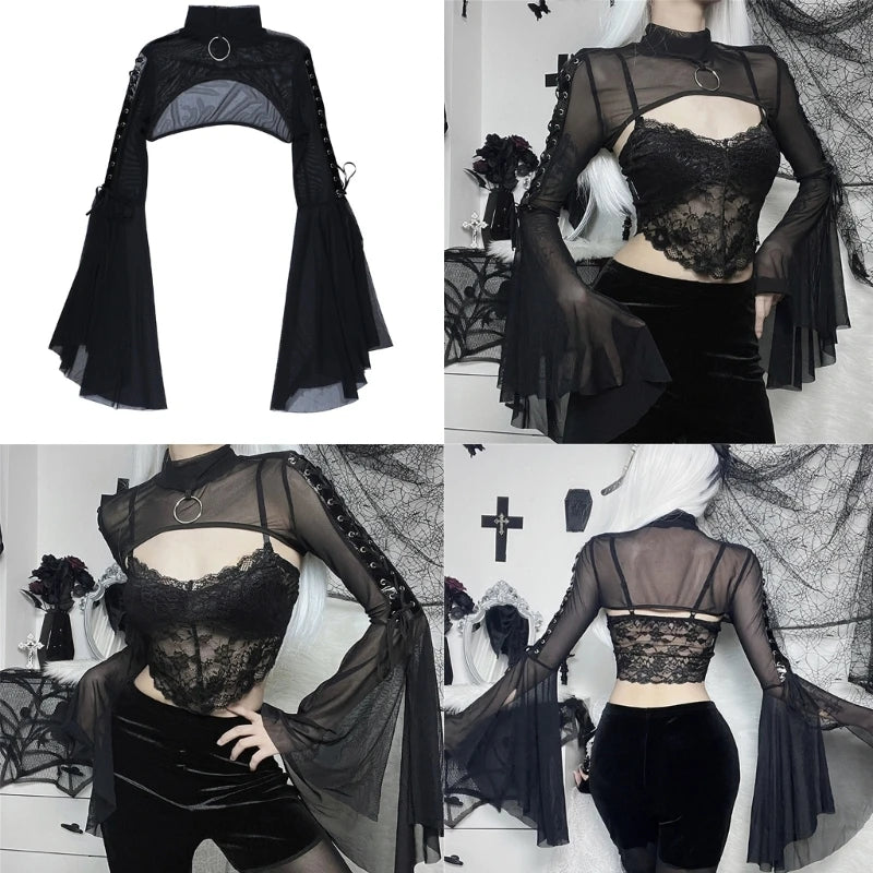 Sexy Mesh Top Flared Long Sleeve Crop Tops Y2K Harajuku Vintage Aesthetic T-shirts Gothic Women Streetwear Black