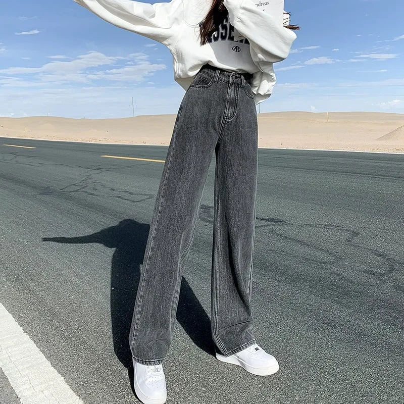 Korean Style High-waisted Slimming Wide-leg Jeans For Women 2021 Autumn New Versatile Loose-fit Straight-leg Floor Pants