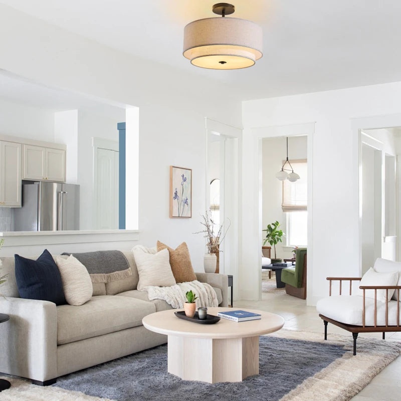 16 Inch Modern Ceiling Light Fabric Upholstered Flush-Mount Fixture Energy-Saving Easy Install For Living Bedroom Dining Room