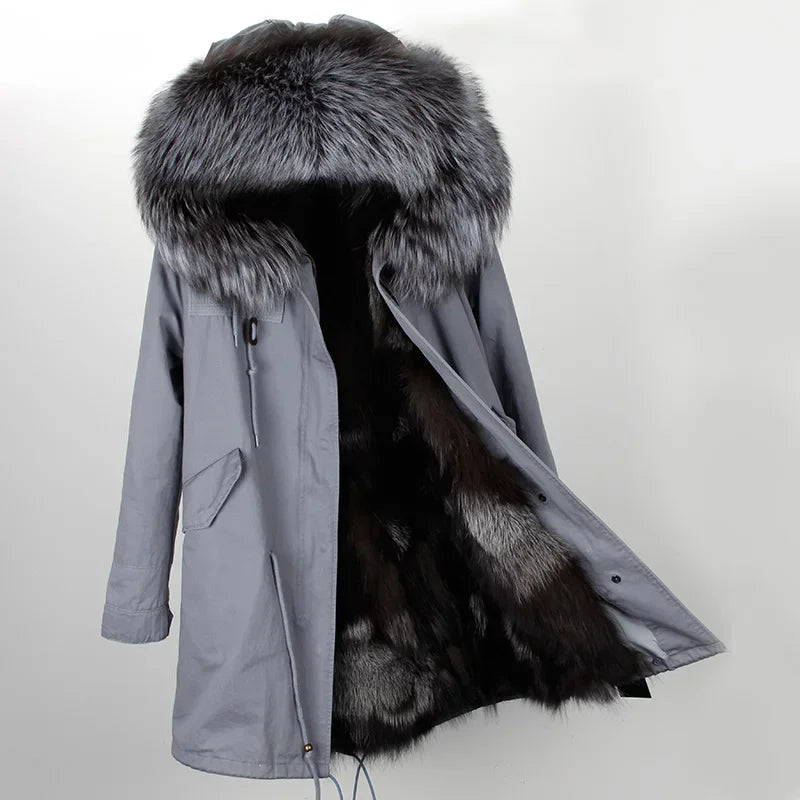 Maomaokong Winter Women's Fur Jacket Long Outdoor Tops Real Fox Fur Collar Inner Fur Lining Parka Natural Silver Fox Women Coat