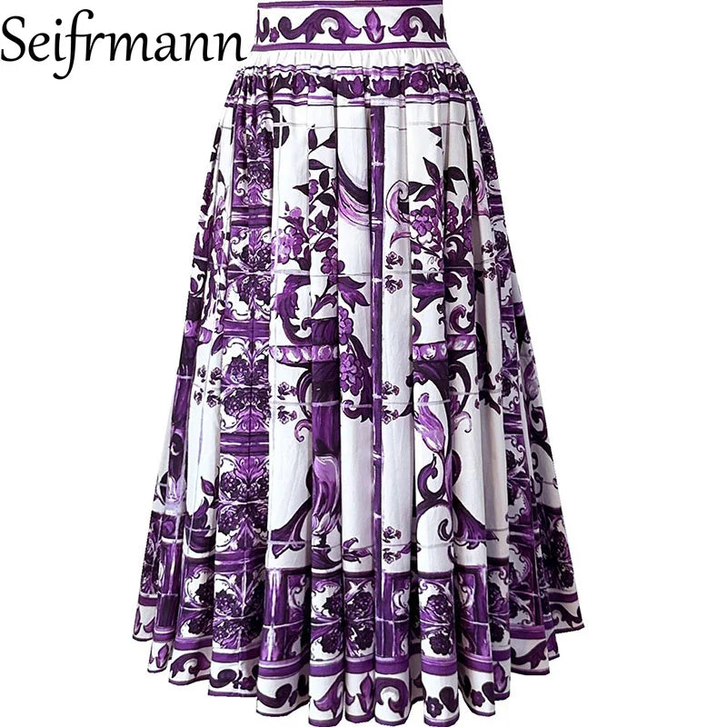 Seifrmann Women's Elegant Party Suit Sexy Spaghetti Strap Backless Slim Tops+Casual Pleated Skirt Print Cotton Two-piece set