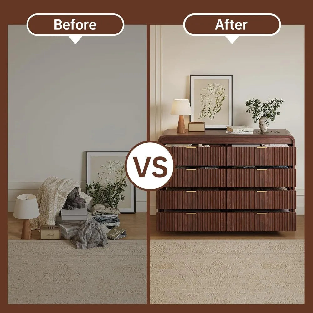 Fluted 8 Drawers Dresser for Bedroom, 55" Wide Wooden Dresser with Metal Handle, Curved Profile Design, Modern Storage