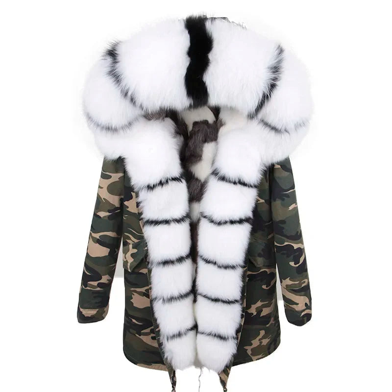 Maomaokong Winter Women's Fur Jacket Long Outdoor Tops Real Fox Fur Collar Inner Fur Lining Parka Natural Silver Fox Women Coat