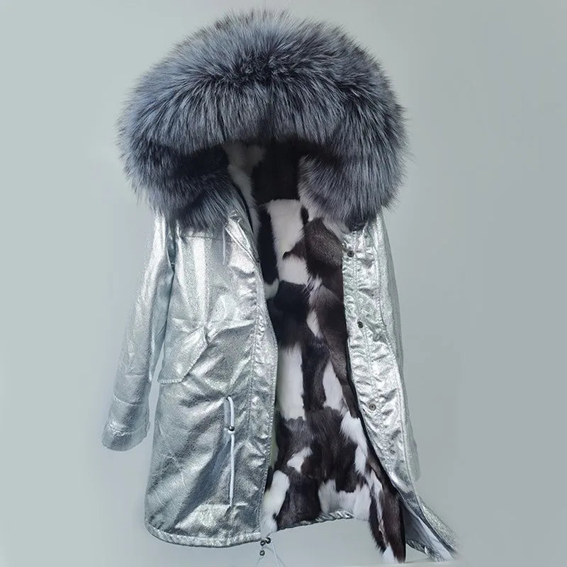 Maomaokong Winter Women's Fur Jacket Long Outdoor Tops Real Fox Fur Collar Inner Fur Lining Parka Natural Silver Fox Women Coat