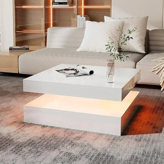 LED Coffee Table with 2 Storage Drawers for Living Room Square Center Middle Table Modern Cocktail Table with Light
