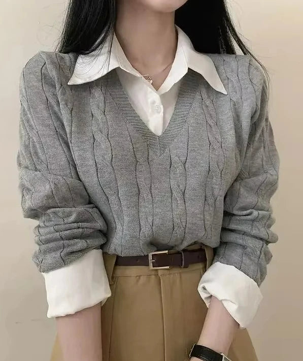 Korean Chic Spring and Autumn Age-Reducing Sweaters Retro Temperament Preppy Fake Two Pieces Shirts Twist Knit Women's Y2k Tops