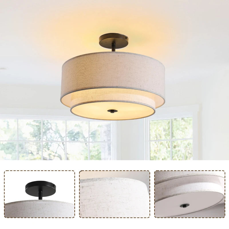 16 Inch Modern Ceiling Light Fabric Upholstered Flush-Mount Fixture Energy-Saving Easy Install For Living Bedroom Dining Room