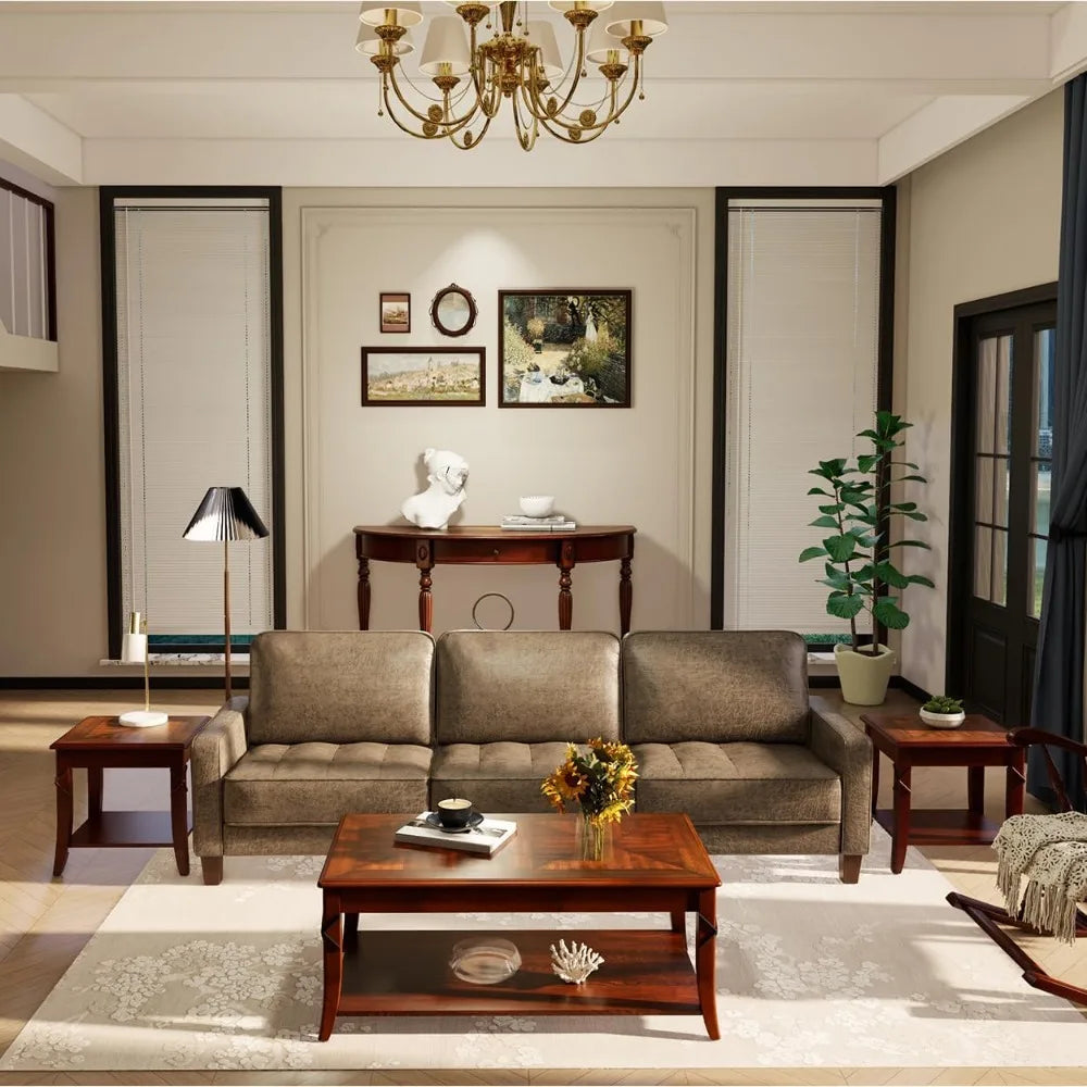 "3-PC Mid-Century Coffee Table Set - Solid Wood with Storage Shelf, Cherry Walnut for Living Room"