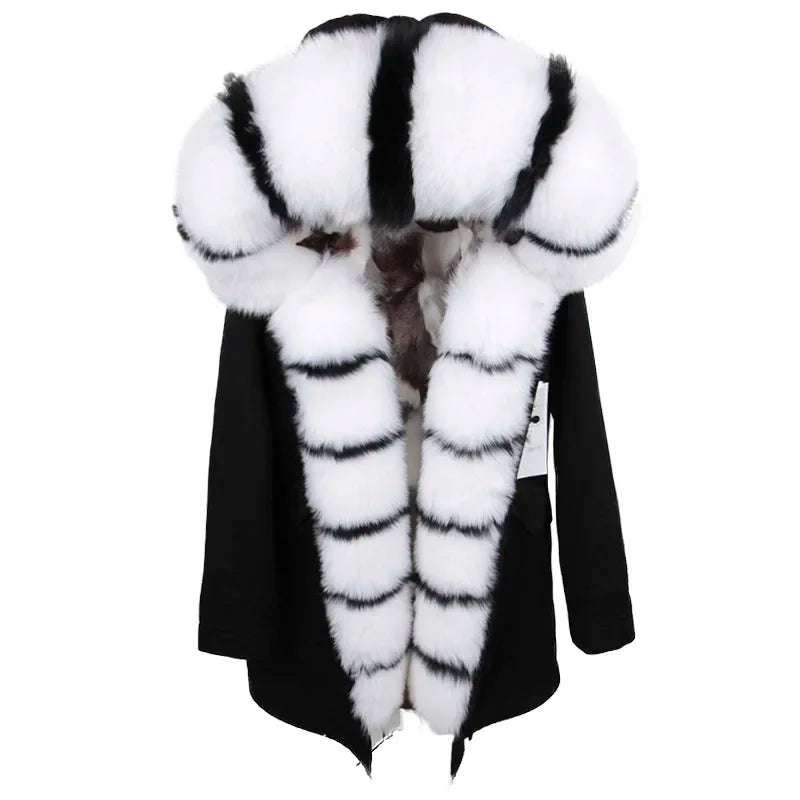 Maomaokong Winter Women's Fur Jacket Long Outdoor Tops Real Fox Fur Collar Inner Fur Lining Parka Natural Silver Fox Women Coat