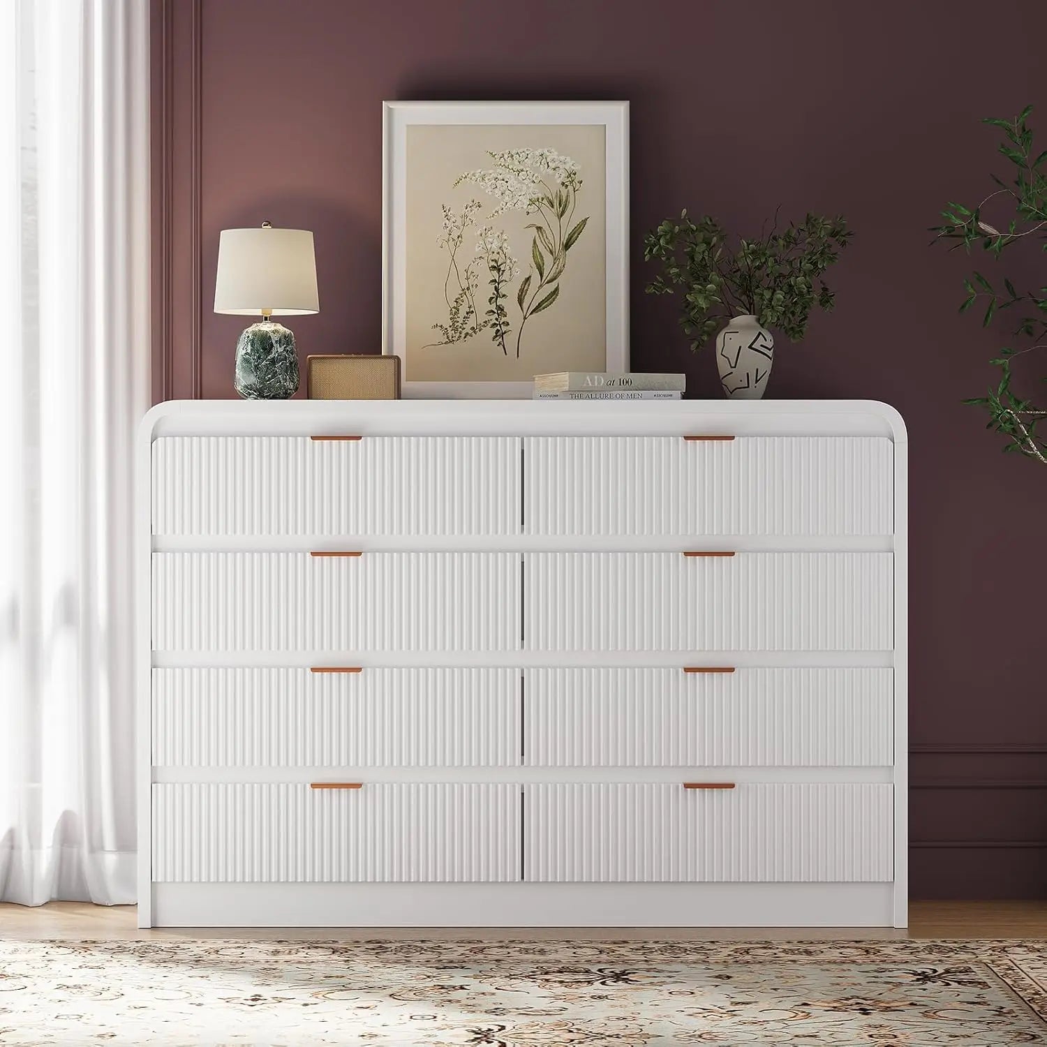 Fluted 8 Drawers Dresser for Bedroom, 55" Wide Wooden Dresser with Metal Handle, Curved Profile Design, Modern Storage