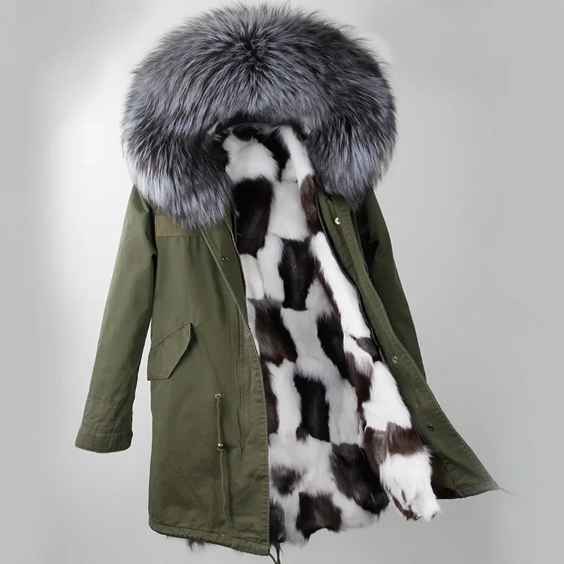 Maomaokong Winter Women's Fur Jacket Long Outdoor Tops Real Fox Fur Collar Inner Fur Lining Parka Natural Silver Fox Women Coat