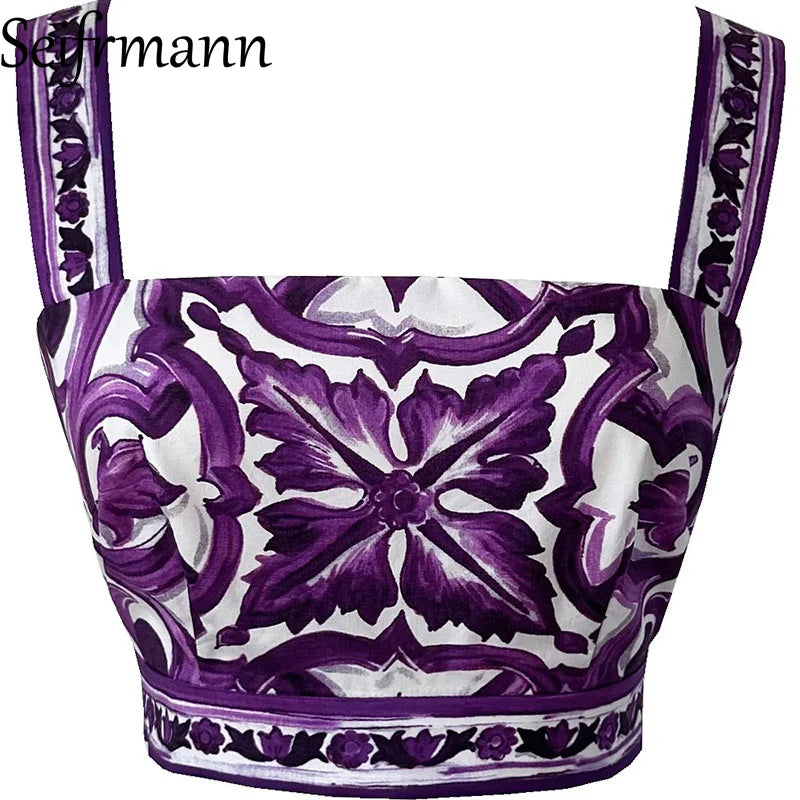 Seifrmann Women's Elegant Party Suit Sexy Spaghetti Strap Backless Slim Tops+Casual Pleated Skirt Print Cotton Two-piece set