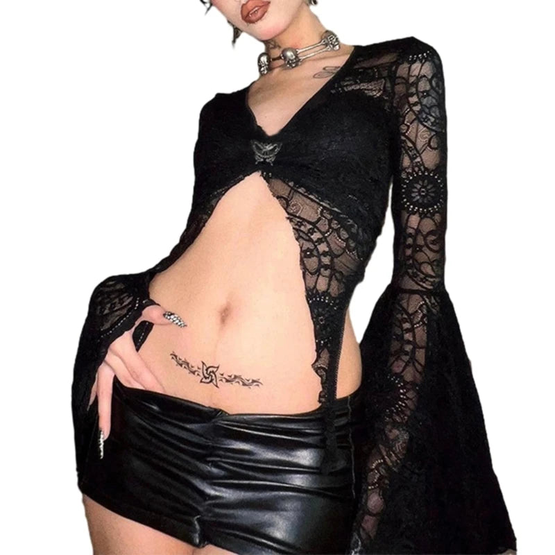 Black Mesh T-shirt Long Sleeved Gothic Black Lace Punk Tops Flared Sleeves Streetwear Y2K Vintage Women Outwear