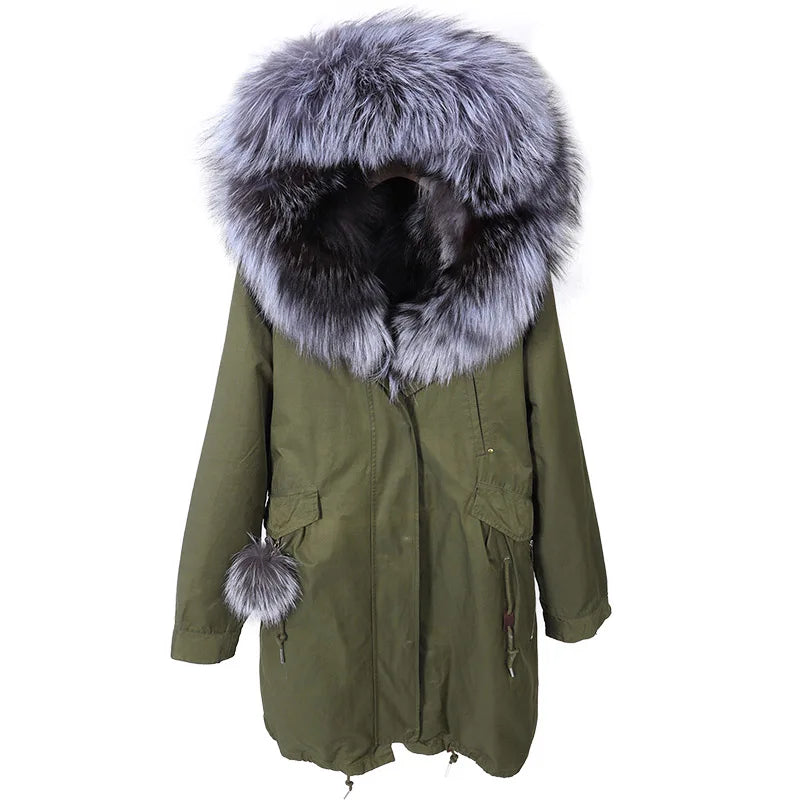 Maomaokong Winter Women's Fur Jacket Long Outdoor Tops Real Fox Fur Collar Inner Fur Lining Parka Natural Silver Fox Women Coat