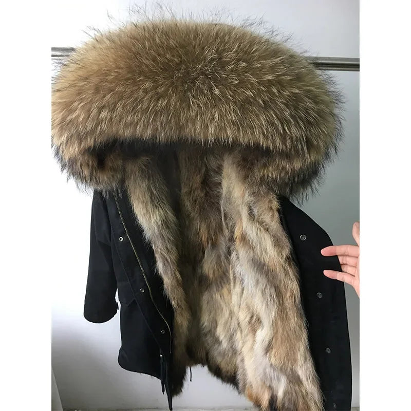 Maomaokong Winter Women's Fur Jacket Long Outdoor Tops Real Fox Fur Collar Inner Fur Lining Parka Natural Silver Fox Women Coat