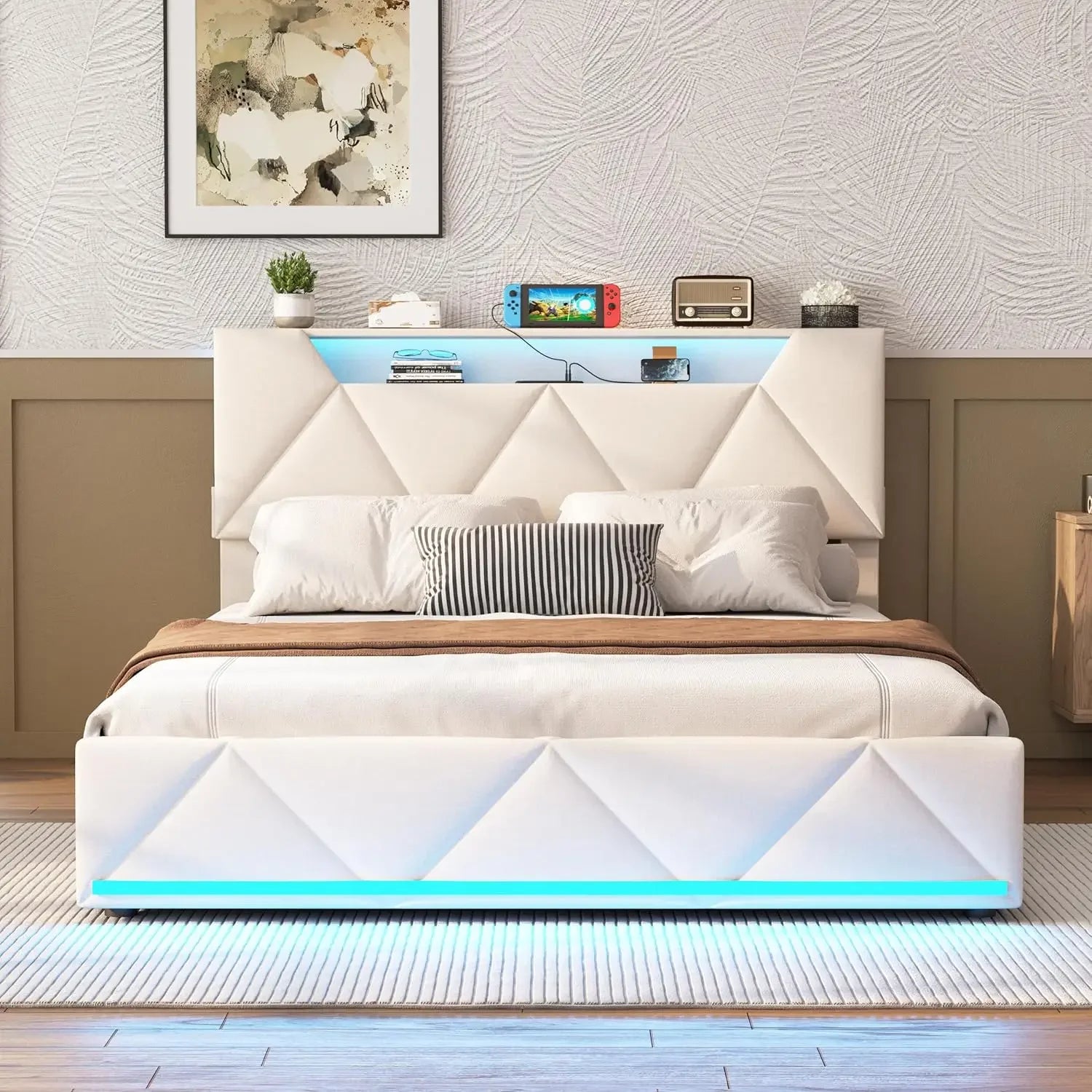 Vabches Bed Frame Queen with Storage Headboard&4 Drawers Upholstered Platform Bed Frame with Charging Station&LED Lights Bedroom