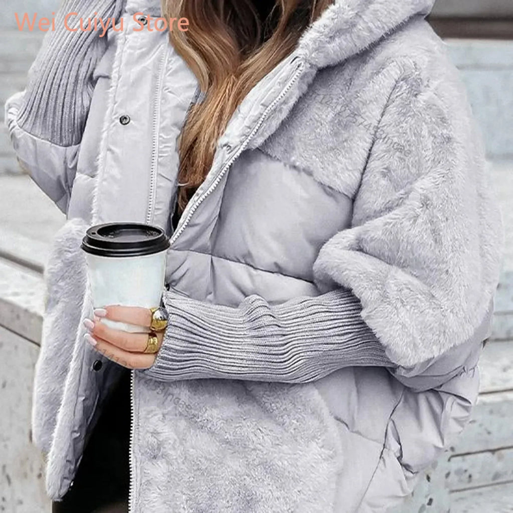 Women's Loose Cotton Coat Faux Fur Patchwork Winter Coat Comfort Chic Long Sleeve Hooded Jacket