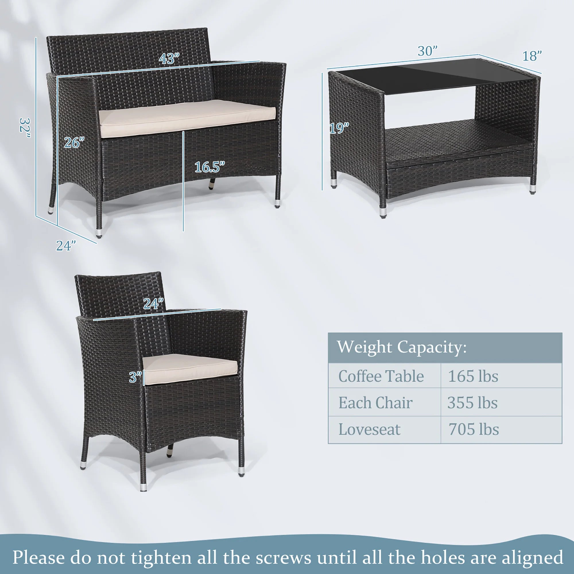 4PCS Patio Rattan Furniture Set Armrest Cushion Sofa Coffee Table withShelf Garden