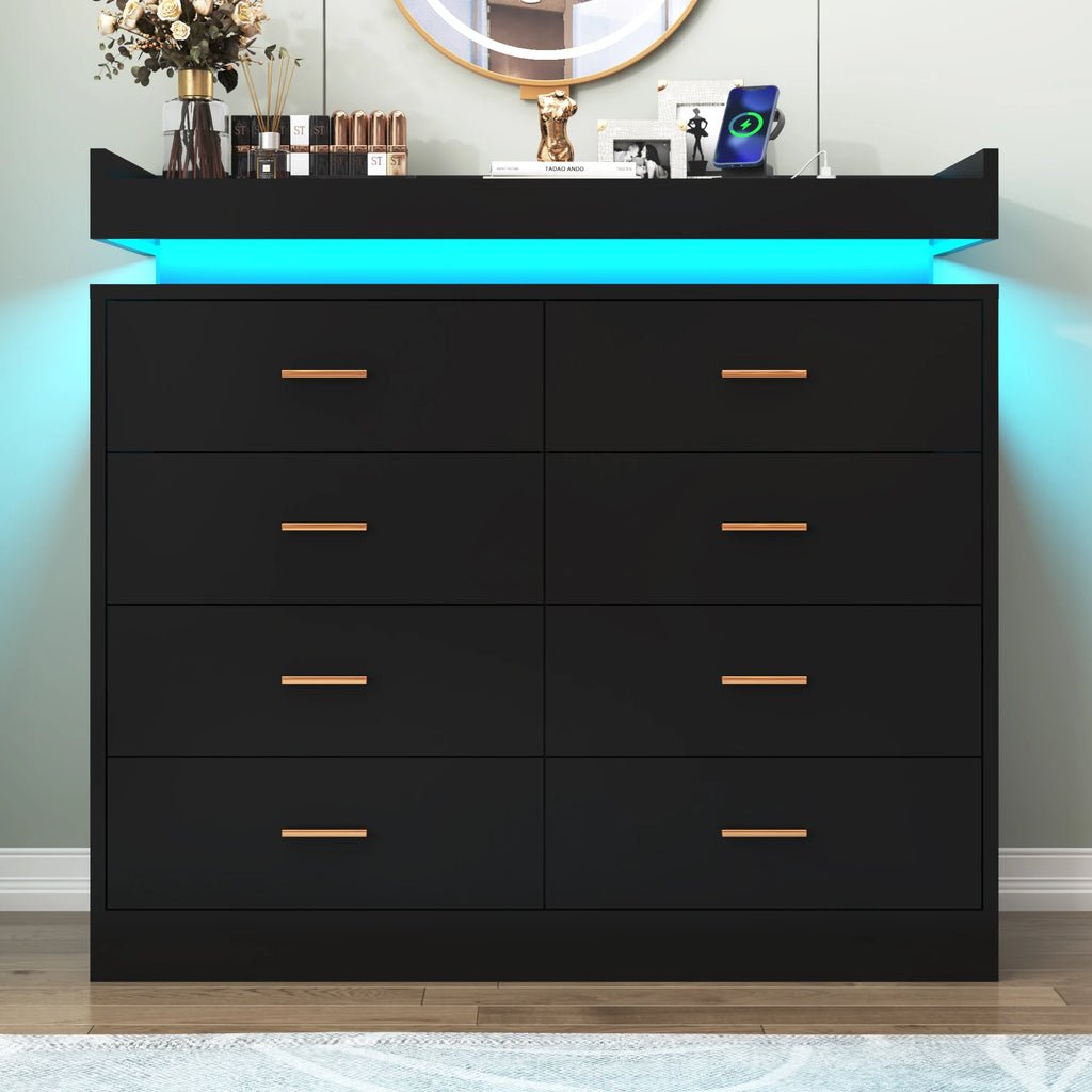 8 Drawer Dresser with LED Light, Modern Chest of Drawers for Closet, 47" Wide Drawer Organizer Cabinet for Bedroom, Living Room