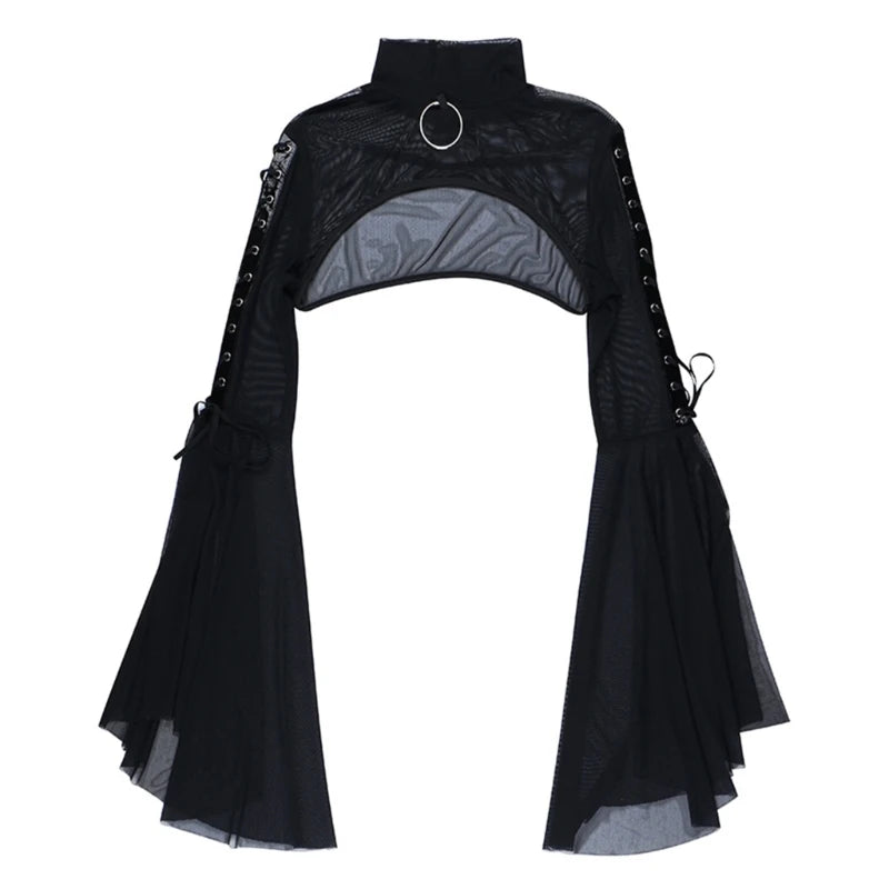 Sexy Mesh Top Flared Long Sleeve Crop Tops Y2K Harajuku Vintage Aesthetic T-shirts Gothic Women Streetwear Black