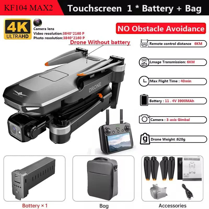 KF104 MAX2 Screen Control Drone 3-Axis Brushless Enhanced Pan Tilt+EIS Electronic Stable HD Camera Laser Obstacle Avoidance Dron