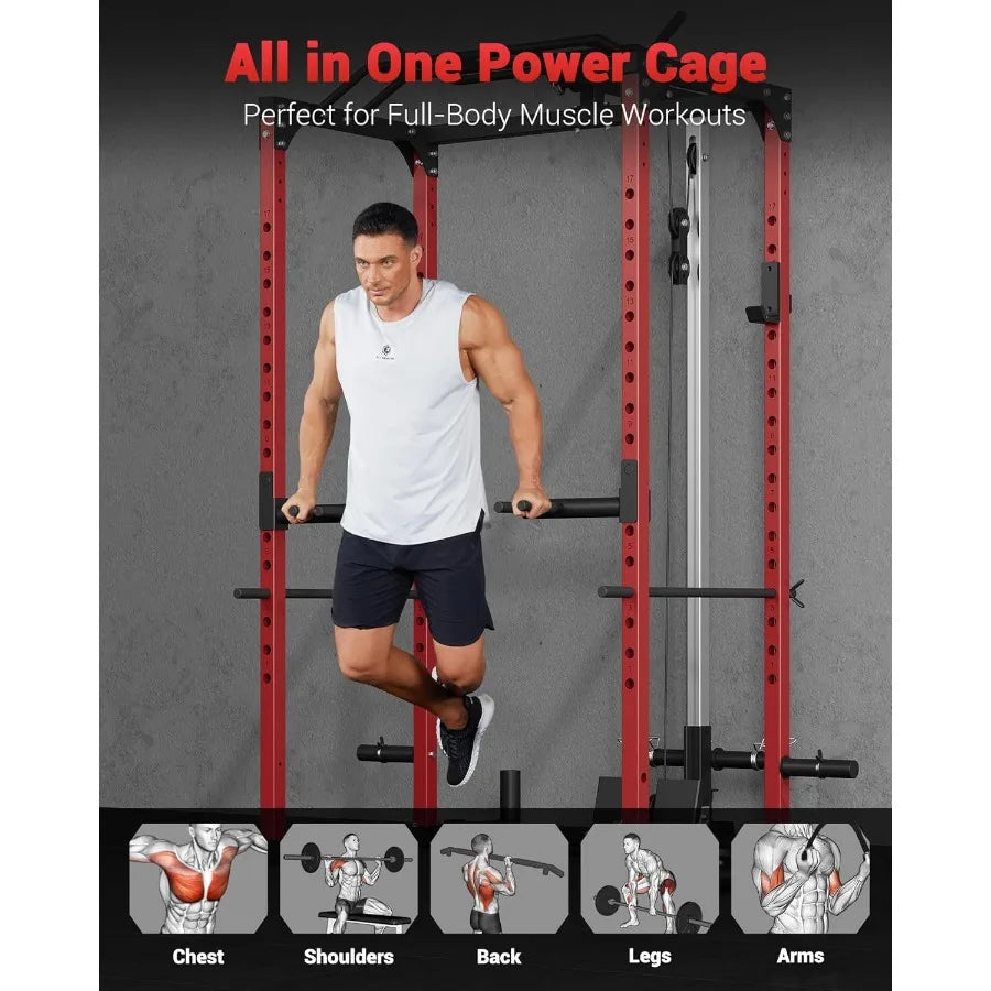 Power Cage Power Racks for Home Gym with Pulley System 1200LBS Weight Capacity MultiFunctional Squat Rack for Strength Workout