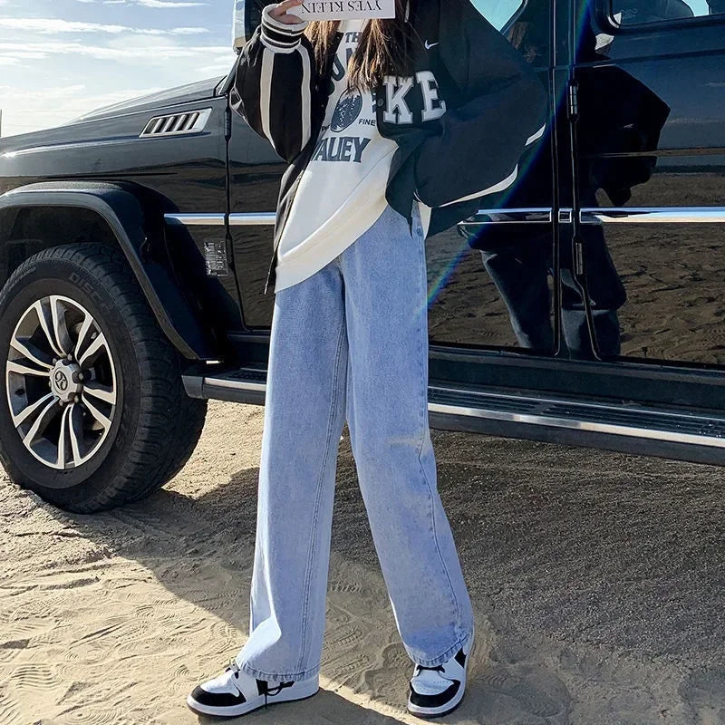 Korean Style High-waisted Slimming Wide-leg Jeans For Women 2021 Autumn New Versatile Loose-fit Straight-leg Floor Pants