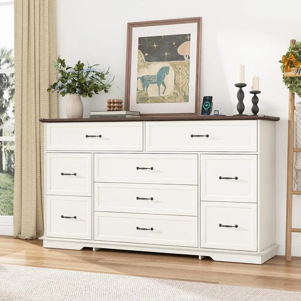 Farmhouse 9 Drawer Dresser for Bedroom,63” Wood Dresser & Chest of Drawers with Power Outlets,Large & Wide Dressers for Bedroom,