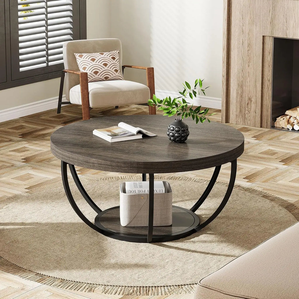 32" Circle Marble Coffee Tables, 2-Tier Golden Metal Legs Accent Center Table with Open Storage Modern Design Home Furniture