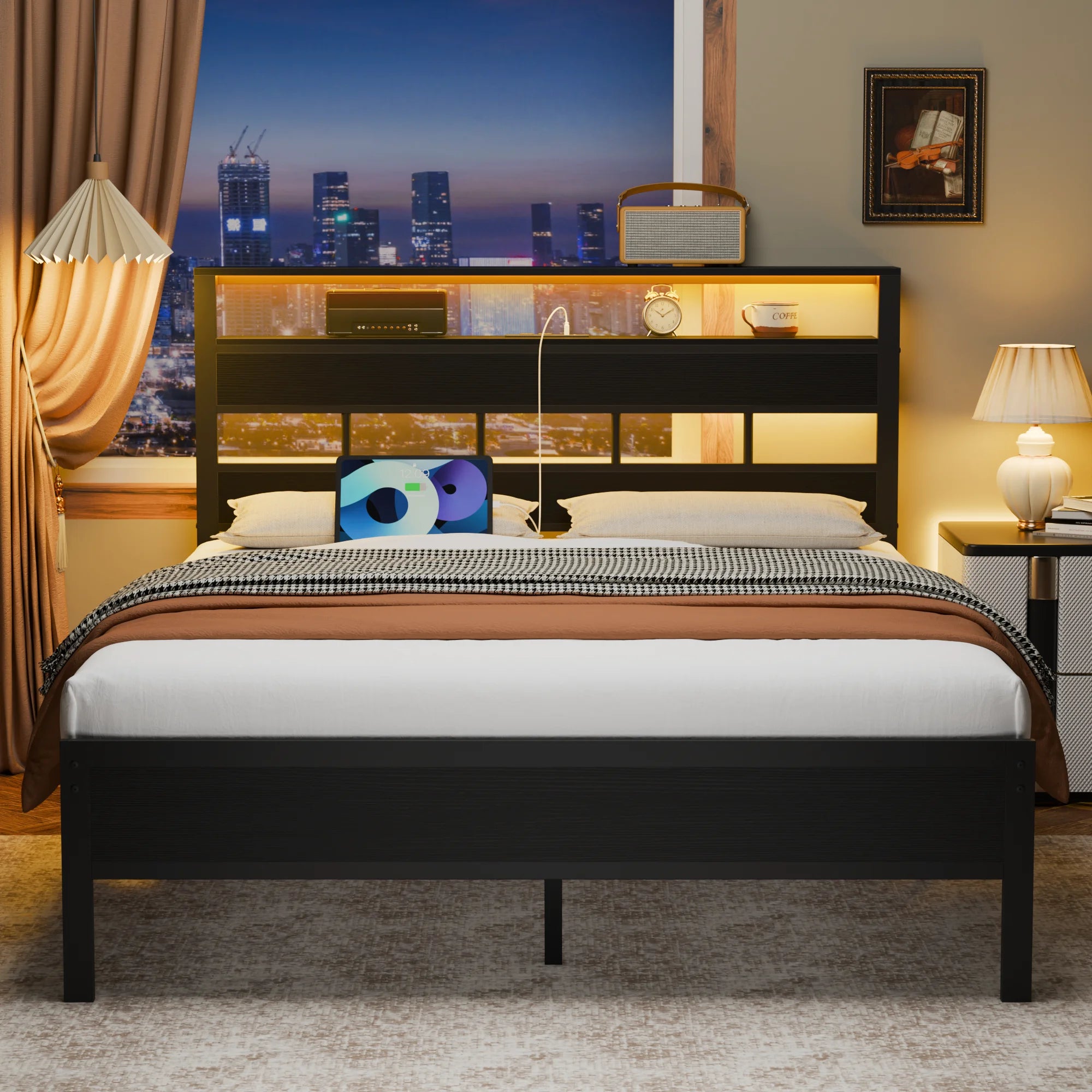 Satifur Full/Queen Size Bed Frame with LED Light and Charging Station, Wood Storage Headboard with 2-Tier Shelves,Metal Platform