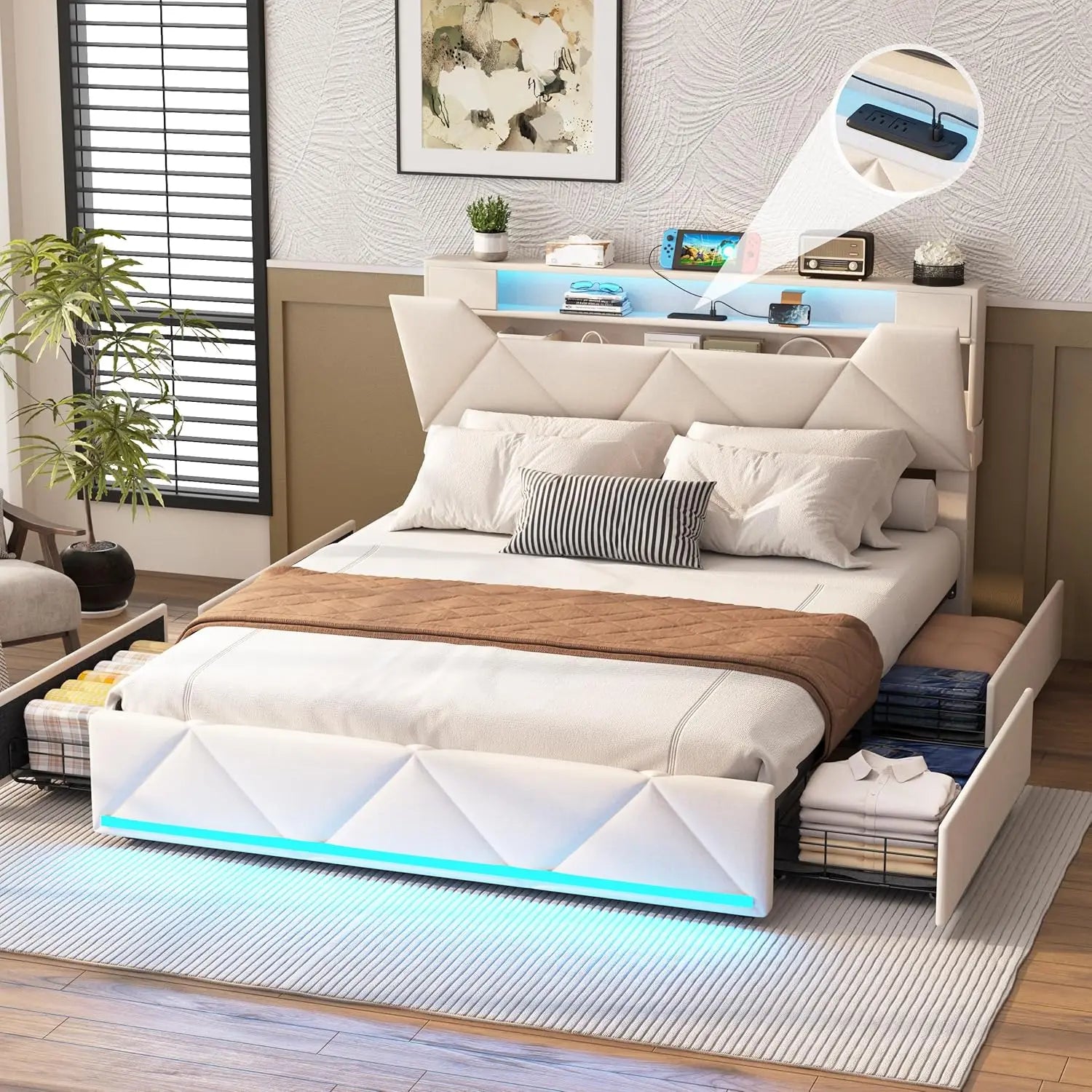 Vabches Bed Frame Queen with Storage Headboard&4 Drawers Upholstered Platform Bed Frame with Charging Station&LED Lights Bedroom