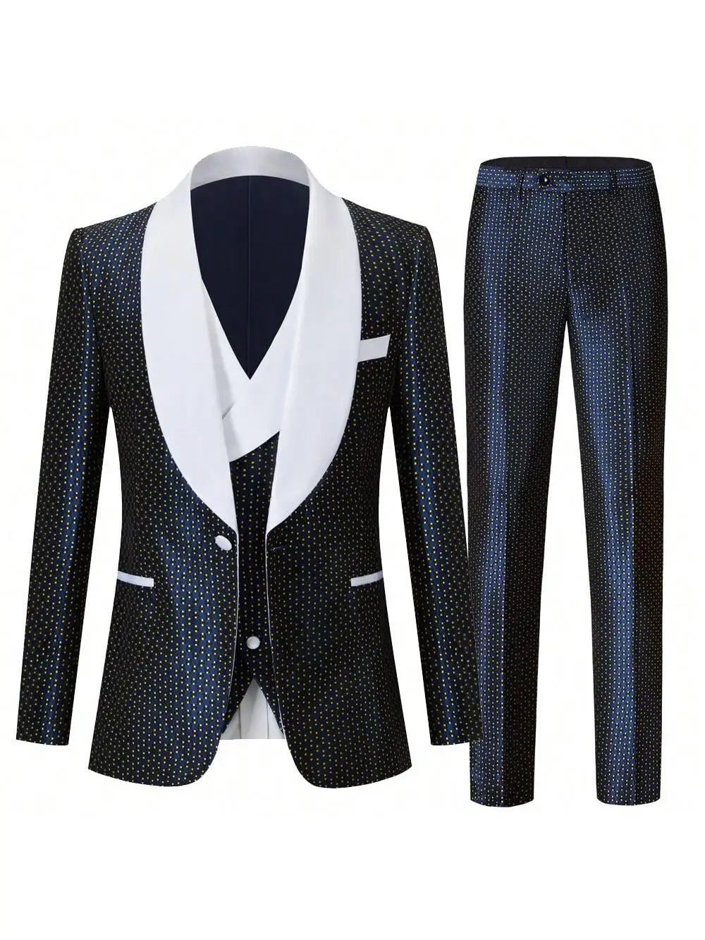 Men's three-piece slim-fitting suit set, including a tuxedo, a single-button shirt, a vest, and stretch waist pants, suitable fo